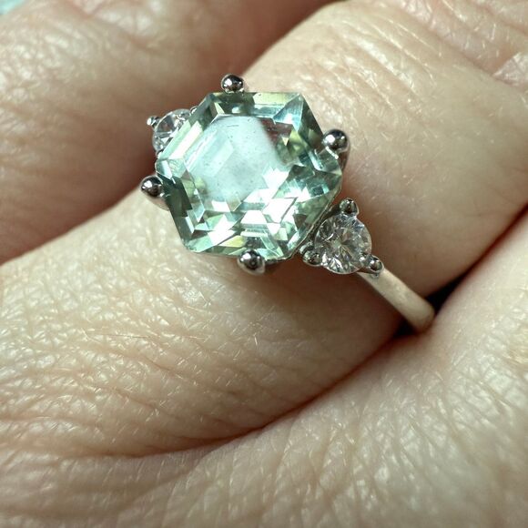 Green Amethyst White Gold Plated Sterling Silver Ring - Picture 5 of 8